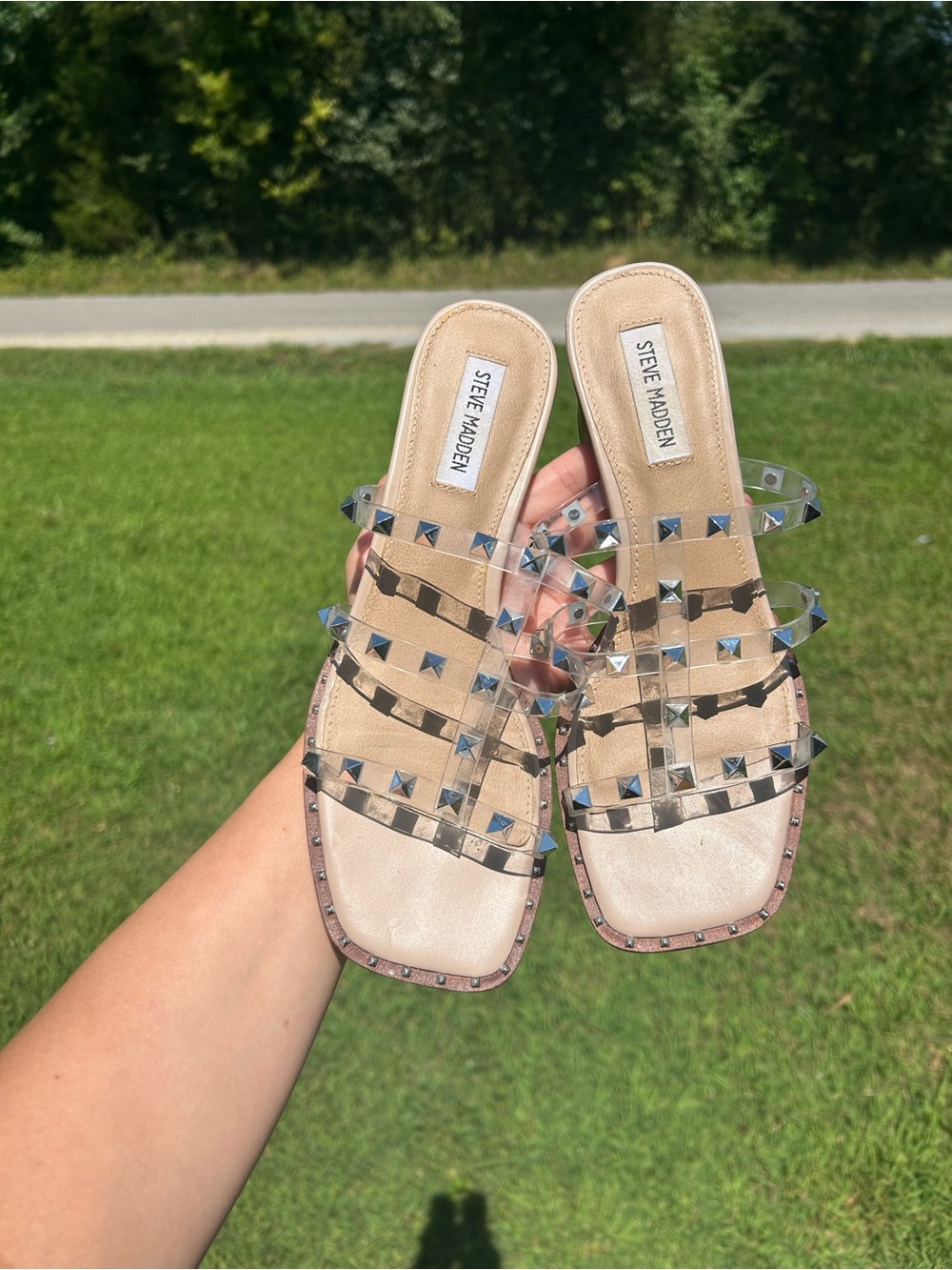 Steve Madden Nude Clear Studded Slide Sandals with Metallic Accents